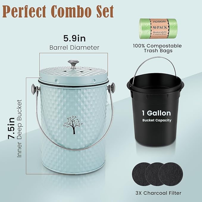 AOSION Countertop Compost Bin Kitchen,Odor Resistant Indoor Compost Bin with Lid and 50 Compost Bags,Compost Bucket Composter Container for Food Waste,Blue,1.0 Gallon