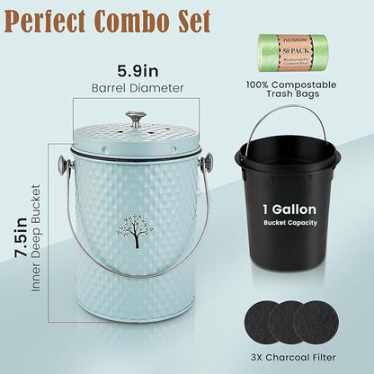 AOSION Countertop Compost Bin Kitchen,Odor Resistant Indoor Compost Bin with Lid and 50 Compost Bags,Compost Bucket Composter Container for Food Waste,Blue,1.0 Gallon