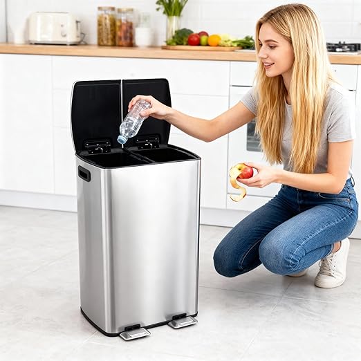 Garvee 16 Gal Dual Trash Can for Kitchen, Stainless Steel Garbage Can with Soft-Close Lids & Pedals, 60L Double Compartment Recycling Bin with Removable Inner Buckets for Office Commercial Use, Silver