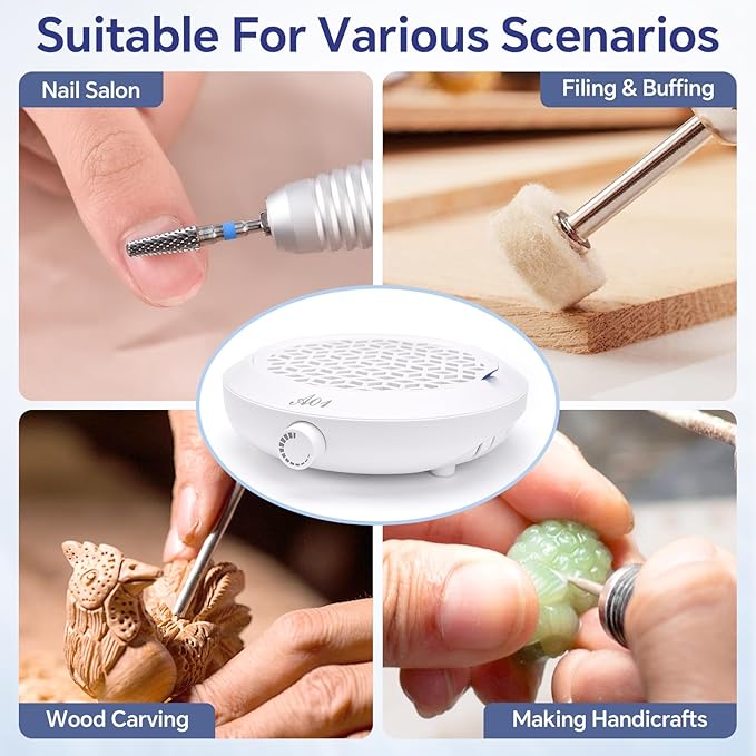 Nail Dust Collector 4500RPM Vacuum Fan Duster with Reusable Filter Compact Low Noise Powerful Vacuum Cleaner for Acrylic Gel Polished Nails, Nail Salon & Home Tool, White