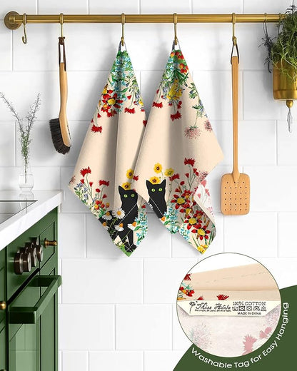 Miss Adola Flour Sack Kitchen Towels - Set of 2 Spring Dish Towels with Hanging Loop 18x26 Inch Absorbent Reusable Cotton Cloths for Cleaning Cute Design Home Decorative Housewarming, Cat in Grass