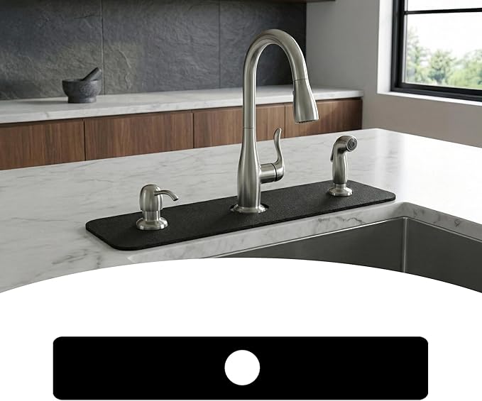 Customizable Kitchen Sink Faucet Mat: 24"Lx4"W Black Bathroom Counter Protector Drip Catcher - Splash Guard with Pre-Cut Center Hole, DIY to Fit Irregular Sink with 2, 3 Holes & Soap Dispenser