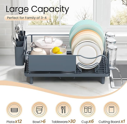 Dish Drying Rack Large Capacity - Stainless Steel Dish Rack for Kitchen Counter with Drain Board, Rustproof Dish Drainer with Auto Drain Spout, Utensil Holder & Glass Holder, Dinnerware Organizer