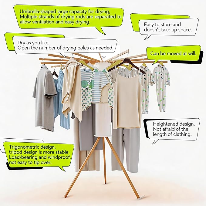 Clothes Drying Rack Tripod, Floor Standing Laundry Drying Rack, Portable & Foldable with 16 Wooden Poles Space-Saving Drying Rack for Laundry, Retractable Collapsible for Balcony Bedroom