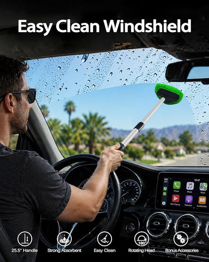 Super Absorbent & Streak-Free – 25.5" Extra Long Windshield Cleaning Kit with 5 Upgraded High-Density Coral Velvet Pads & 2 Spray Bottles for Car & Home, Green