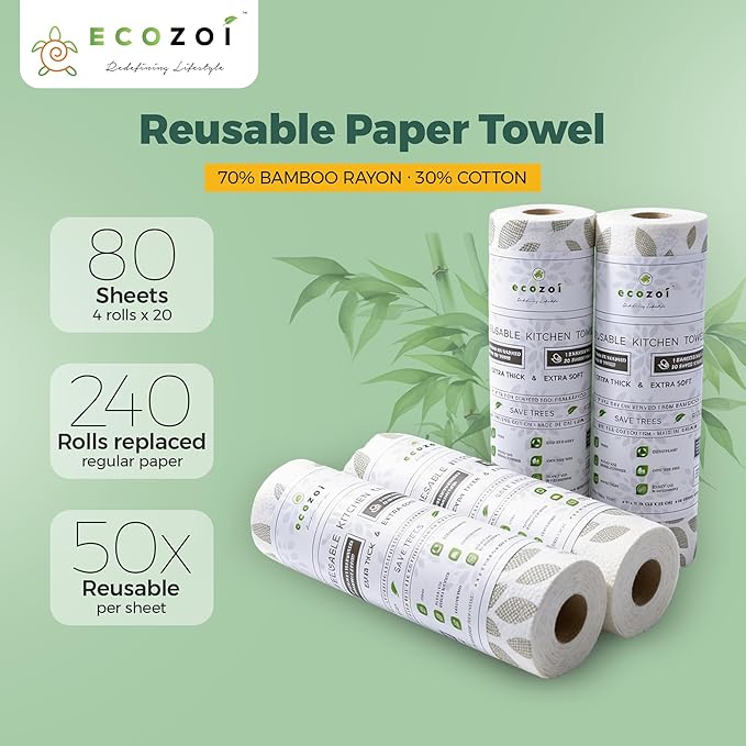 Ecozoi Bamboo Rayon Reusable Towels - 4 Pack | Equivalent to 80 Regular Rolls | 70% Rayon from Bamboo and 30% Cotton Kitchen Paper Rolls | 50 Times More Usage than Regular Paper Rolls