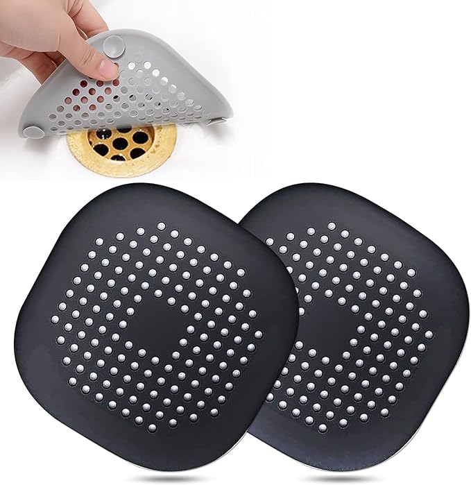 Hair Drain Catcher,Square Drain Cover for Shower Silicone Hair Stopper with Suction Cup,Easy to Install Suit for Bathroom,Bathtub,Kitchen 2 Pack (Black)