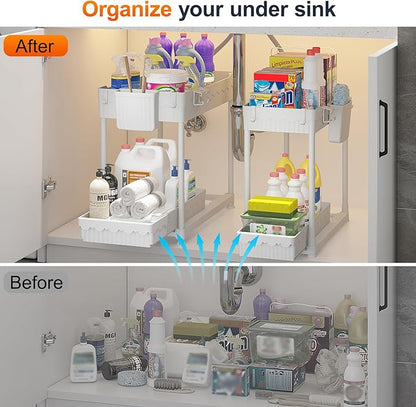 Sevenblue Under Sink Organizer, Bathroom Organizers and Storage, 2 Tier Multi-Use Pull Out Cabinet Organizer with Hang Hooks and Cups (White, 4 Pack)