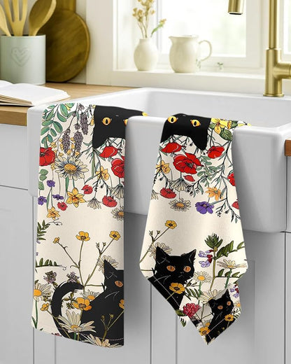 Miss Adola Flour Sack Kitchen Towels - Set of 2 Spring Dish Towels with Hanging Loop 18x26 Inch Absorbent Reusable Cotton Cloths for Cleaning Cute Design Home Decorative Housewarming, Cat in Grass