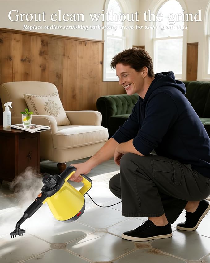 1200W Handheld Steam Cleaner for Home, Powerful Natural Multi‑Surface Steam Cleaner with 10 Accessories, 13.5oz Pressurized Steamer for Deep Cleaning Tile, Grout, Shower, Bathroom,Kitchen,Car, Yellow
