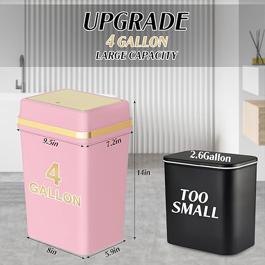 Bathroom Trash Can with Lid 4 Gallon Pink Trash Can with Press Top Lid Bedroom Trash Can Small Garbage Can with 150 Counts Trash Bags for Small Bathroom Bedroom Office