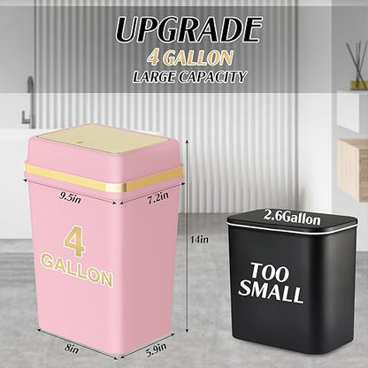 Bathroom Trash Can with Lid 4 Gallon Pink Trash Can with Press Top Lid Bedroom Trash Can Small Garbage Can with 150 Counts Trash Bags for Small Bathroom Bedroom Office