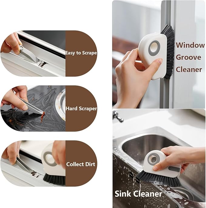 2 in 1 Groove Cleaning Brush Window Track Cleaning Tools,Multifunction Hard Bristle Crevice Cleaning Brush with Hidden Scraper, Grout Cleaner Grip Brush for Sliding Door Track(White,1PCS)