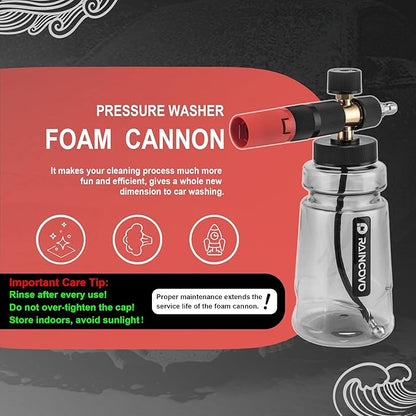 Raincovo Foam Cannon Wide Mouth for Pressure Washer, Thick Snow Foam Lance for Car Wash, Adjustable Soap Cannon with 1/4 Inch Quick Connector, Additional 1.1mm Orifice Nozzle
