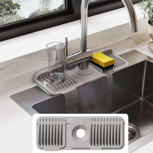 24 Inch Silicone Faucet Mat for Kitchen Sink Splash Guard - 7° Slope Water Draining Mat With Fasten Button for Bathroom Area (Gray, 14.6''x5.5'')
