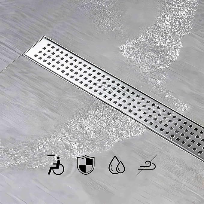 SaniteModar Linear Shower Drain, 72 inch Shower Drain with Removable Square Hole Panel by Using Brushed 304 Stainless Steel Process, Linear Drain Equipped with Adjustable Feet and Hair Strainer