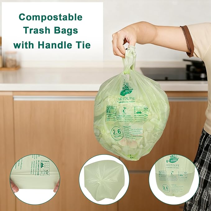 HECTOLIFE 2.6 Gallon 300 Count,Compostable Bags Handle Tie,Tear Resistant Kitchen Food Scrap Waste Bag, ASTM D6400, US BPI and Europe OK Compost Home Certified
