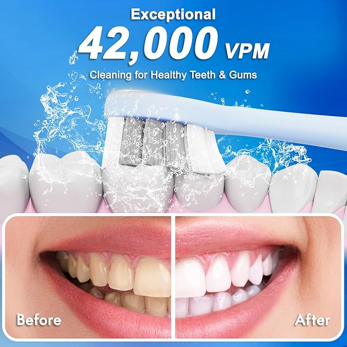 Kuicur Sonic Electric Toothbrush for Adults and Kids, Comes with 10 Brush Heads & Travel Case, 5 Modes with 2 Minutes Built in Smart Timer, One Charge for 90 Days, 42,000 VPM Motor (Blue and White)