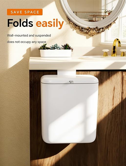 Wall Mounted Kitchen Compost Bin with Lid, Hanging Trash Can for Cabinet Door, White Plastic Food Scrap Bin for Kitchen Counter and Under Sink, 2.3 Gal