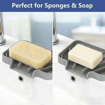 JACZZO Silicone Soap Dish for Shower and Bathroom - Small Bar Soap Holder with Self Draining Spout - Non-Slip Sink Tray Organizer for Kitchen Counter and Narrow Ledge, Gray (3.5" x 5")