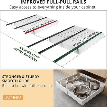 DOMNIU 4 Pack Pull Out Cabinet Organizers Expandable Width (12.4''-20.27''), Upgrade 3 Slide Rails Sliding Drawer for Kitchen Cabinet Organizer with Adhesive Nano Film, White