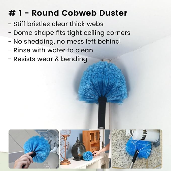 Ceiling Fan Duster Kit - 5-in-1 Cobweb Feather Duster & Squeegee Heads - Washable Bendable Microfiber - Fits Standard 3/4" Pole, Blue