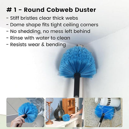 Ceiling Fan Duster Kit - 5-in-1 Cobweb Feather Duster & Squeegee Heads - Washable Bendable Microfiber - Fits Standard 3/4" Pole, Blue