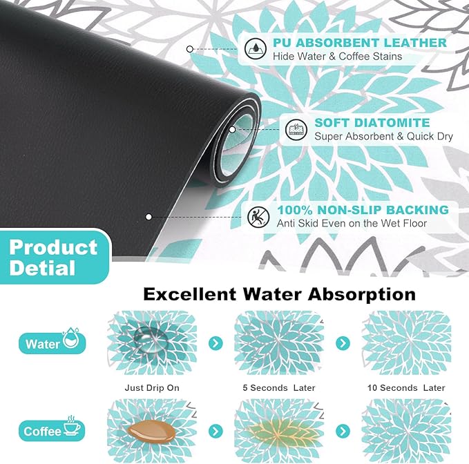 Findosom Dish Drying Mat, 12" x 20" Super Absorbent Dish Mat with Floral, Hide Stain Drying Mat for Kitchen Counter, Under Dish Rack, Coffee Maker, Espresso Machine, Teal