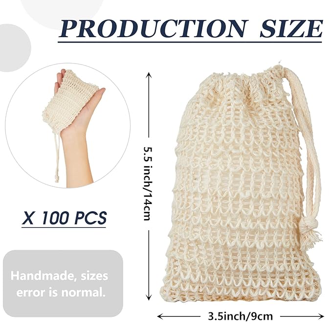 Cunhill 100 Pack Soap Saver Bag Bar Exfoliating Pouch Sisal Soap Savers Mesh Bag with Drawstring Foaming and Drying Holder for Bath and Shower