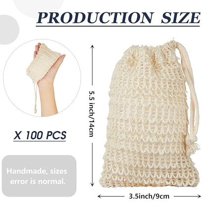 Cunhill 100 Pack Soap Saver Bag Bar Exfoliating Pouch Sisal Soap Savers Mesh Bag with Drawstring Foaming and Drying Holder for Bath and Shower