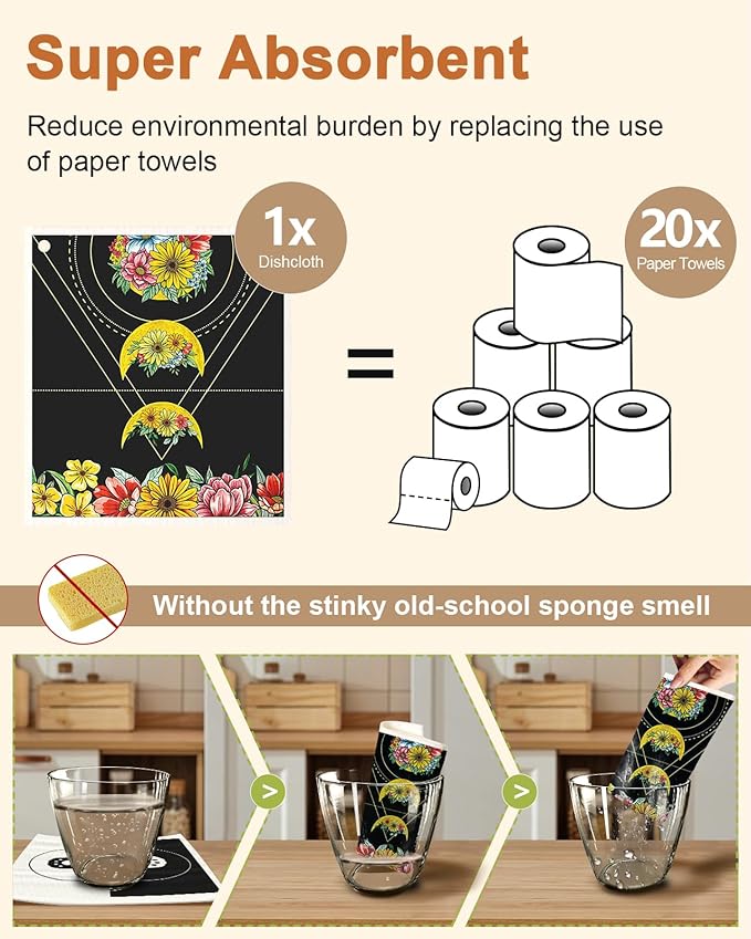 Miss Adola Swedish Dishcloths for Kitchen with Hooks - Reusable Dish Cloths for Washing Dishes Fast Drying Cute Fun 5 Pack Swedish Dish Towels Washable Cleaning Sponge, Sun Moon