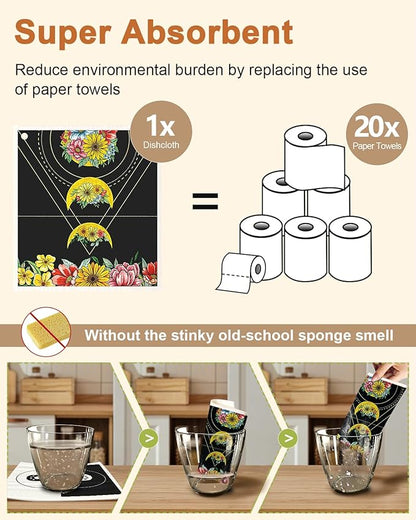 Miss Adola Swedish Dishcloths for Kitchen with Hooks - Reusable Dish Cloths for Washing Dishes Fast Drying Cute Fun 5 Pack Swedish Dish Towels Washable Cleaning Sponge, Sun Moon
