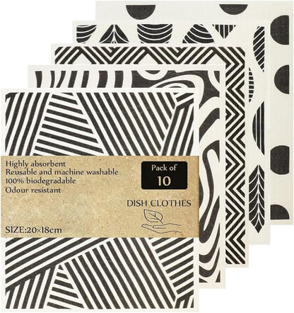 KMAKII Swedish Dishcloths Reusable, Absorbent, Quick-Drying Sponge Cloths for Kitchen and Counter Cleaning, Reusable Dish Towels and Dish Cloths, Black & White, Pack of 10 Pcs