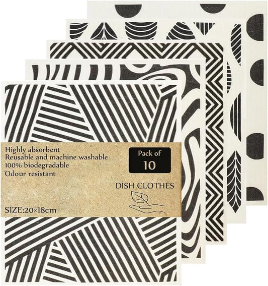 KMAKII Swedish Dishcloths Reusable, Absorbent, Quick-Drying Sponge Cloths for Kitchen and Counter Cleaning, Reusable Dish Towels and Dish Cloths, Black & White, Pack of 10 Pcs