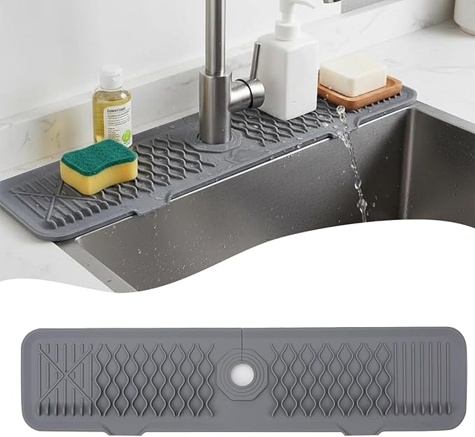 Silicone Faucet Handle Drip Catcher Beveled Drying Tray Mat Dish Soap Sponge Holder Accessories Gadgets for Kitchen Counter Bathroom Kitchen Sink Splash Guard (24")