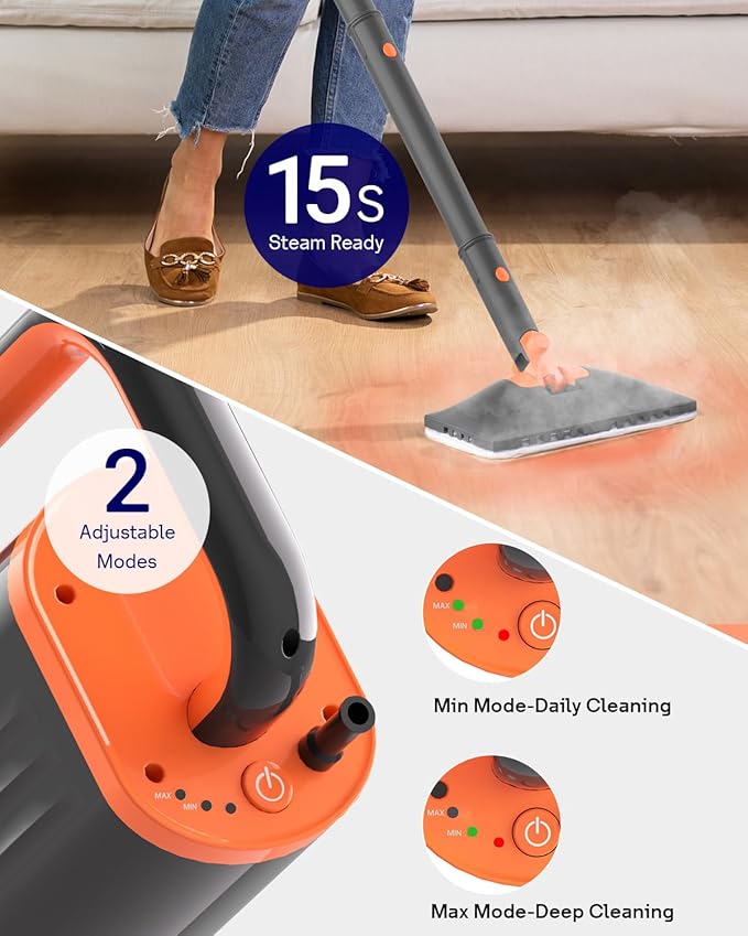 Steam Mop Cleaner with Detachable Handheld Steamer, 14 in 1 Multiple Accessories, Washable Microfiber Pads, 350ml and 2 Adjustable Levels for Home Floor, Tiles, Carpet and Grout Cleaning