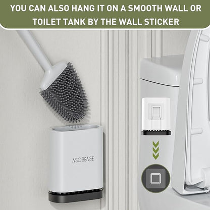 Deep Cleaner Toilet Brush: Silicone Toilet Brush with No-Slip Long Plastic Handle and Flexible Bristles, Quick Drying Holder Set for Toilet（White）