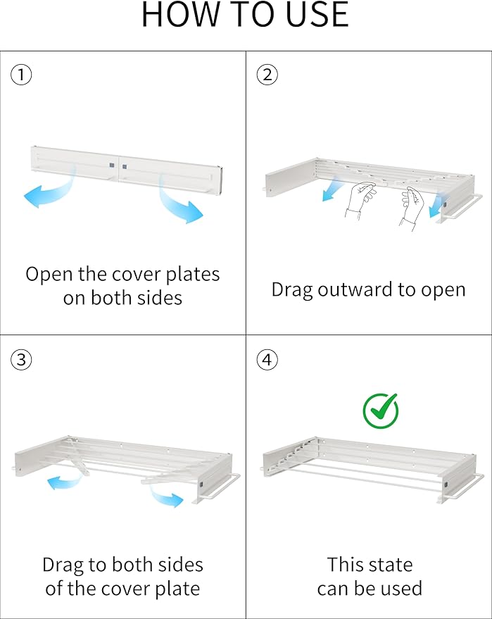 JOOM Laundry Drying Rack Collapsible, Wall Mounted Drying Rack, Clothes Drying Rack, 31.5" Wide, 5 Aluminum Rods, 60 lb Capacity (White 31.5" with Hooks)