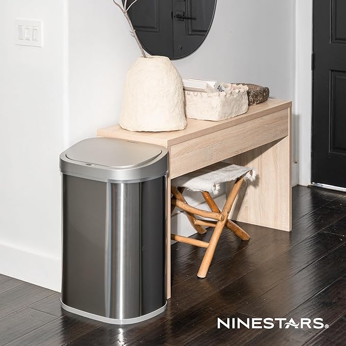 Ninestars DZT-80-35 Deluxe Automatic Touchless Infrared Motion Sensor Trash Can, 21 Gal 80L, Heavy Duty Stainless Steel Base (Oval, Silver/Brush Lid) Trashcan, Ss