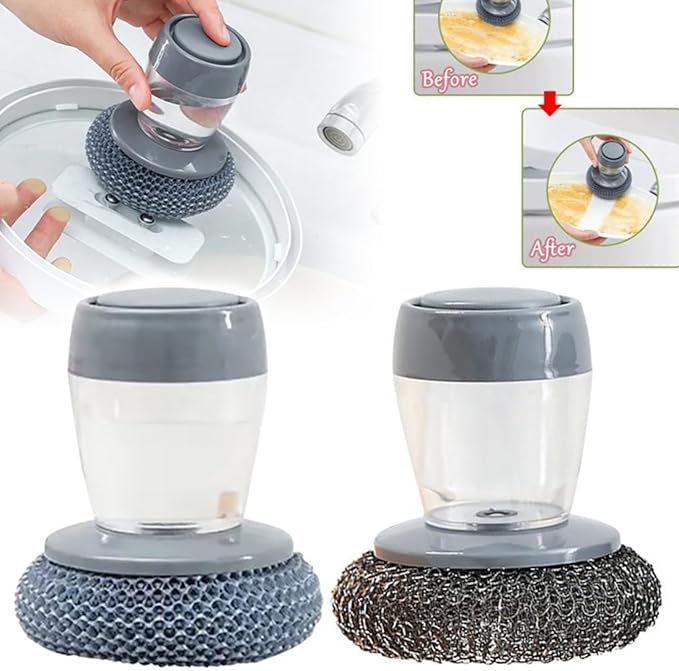 Kitchen Soap Dispensing Palm Brush, Stainless Steel Scrubber Sponge with Storage Base, Push-Type Dish Cleaner, Random Colour (Random Colour)