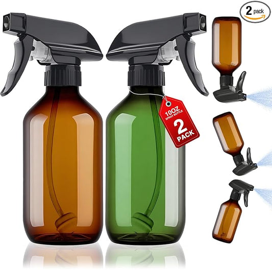 2 Packs Plastic Spray Bottles 360°Water Spray Bottle for Cleaning - 10 oz/300 ml Upside Down Spray Bottle Small Squirt Bottle with Adjustable Nozzle for Hair, Cooking, Plant, Pet (Brown + Green)