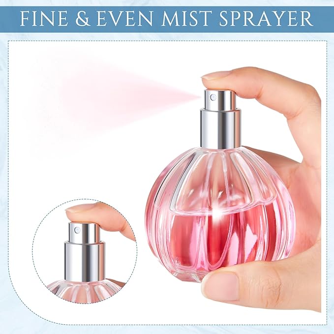 Teenyyou 12 Pack 50ml/1.7oz Refillable Glass Perfume Spray Bottles, Empty Crystal Glass Fragrance Spray Bottles Bulk, Vintage Atomizer with Refill Tool for Travel, Home Decor(Pumpkin Silver)