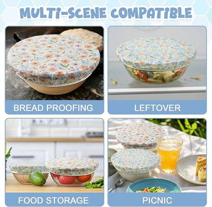 2-Pack Reusable Beeswax Bowl Covers with Floral Pattern, 10/12 Inch Elastic Cotton Food Storage Covers for Bread Proofing, Sourdough Dough & Kitchen Containers
