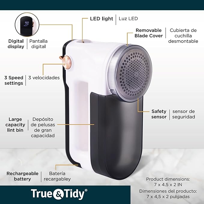 True & Tidy XL Fabric Shaver & Lint Remover, LED Digital Display, 3 Speeds, 6-Blade Stainless Steel w/Extra Blades, Type-C Fast Charging, 2.5-3.5 Hours Runtime, for Clothes, Furniture & Upholstery