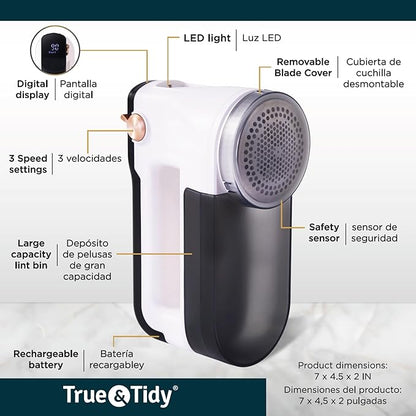 True & Tidy XL Fabric Shaver & Lint Remover, LED Digital Display, 3 Speeds, 6-Blade Stainless Steel w/Extra Blades, Type-C Fast Charging, 2.5-3.5 Hours Runtime, for Clothes, Furniture & Upholstery