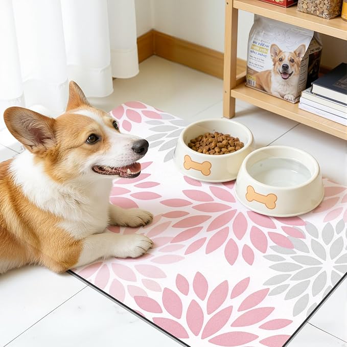 Findosom Floral Dish Drying Mat, 12" x 20" Super Absorbent & Hide Stain Coffee Mat, Cuttable Drying Mat for Kitchen Counter, Under Dish Rack, Coffee Maker, Espresso Machine, Pink