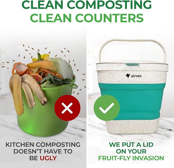 AIRNEX Collapsible Small Compost Bin with Lid - 1 Gallon Compost Bucket Food Waste Caddy Made of Wheat Straw - Odorless Counter Top Compost Bin for Kitchen with 20 Compost Bags and 2 Carbon Filters