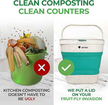 AIRNEX Collapsible Small Compost Bin with Lid - 1 Gallon Compost Bucket Food Waste Caddy Made of Wheat Straw - Odorless Counter Top Compost Bin for Kitchen with 20 Compost Bags and 2 Carbon Filters