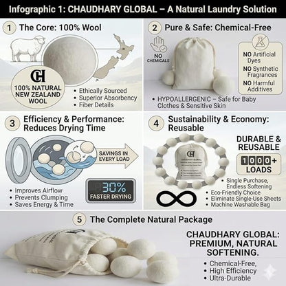 Wool Dryer Balls XL 6-Pack - 100% Organic New Zealand Wool, Reusable Natural Fabric Softener for Laundry, Reduce Drying Time & Static, Eco-Friendly Dryer Balls for Pet Hair Removal