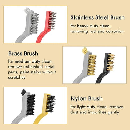6 Pieces Wire Brushes Set, Small Metal Brass Brush, Stainless Steel Brush, Nylon Brushes for Cleaning Metal Rust and Paint Removal (Grey+3 Mixed Color, L)